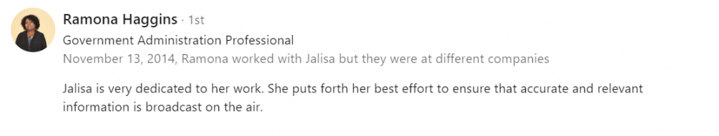 Ramona Haggins review of Jalisa's work