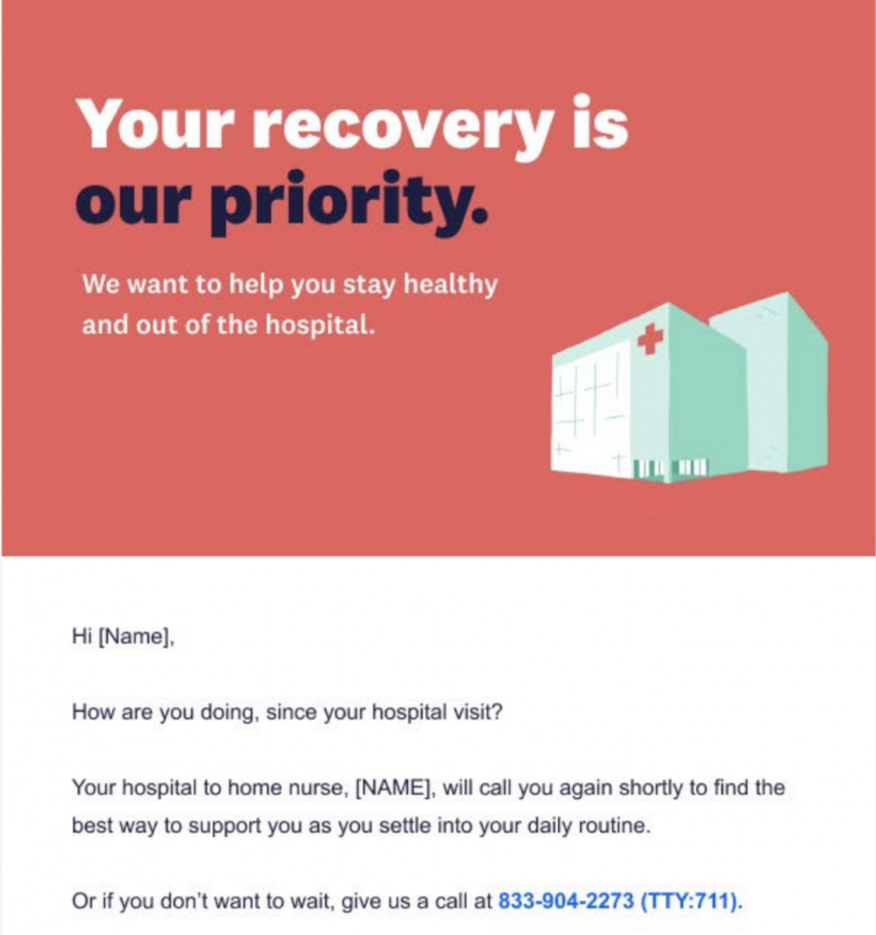 Transition of Care messaging designed to support members after a hospital stay, highlighting recovery guidance, care coordination, and next-step support. - e ail section 2