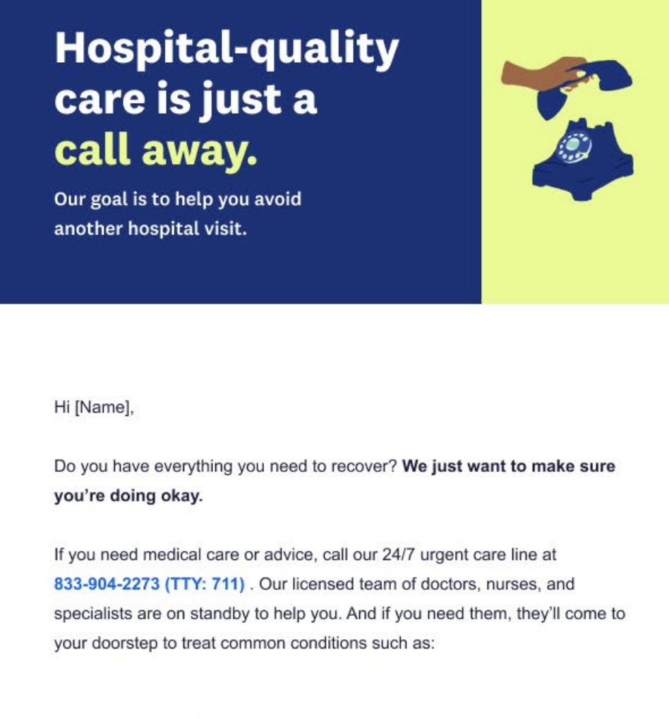 Transition of Care messaging designed to support members after a hospital stay, highlighting recovery guidance, care coordination, and next-step support. - e ail section 5